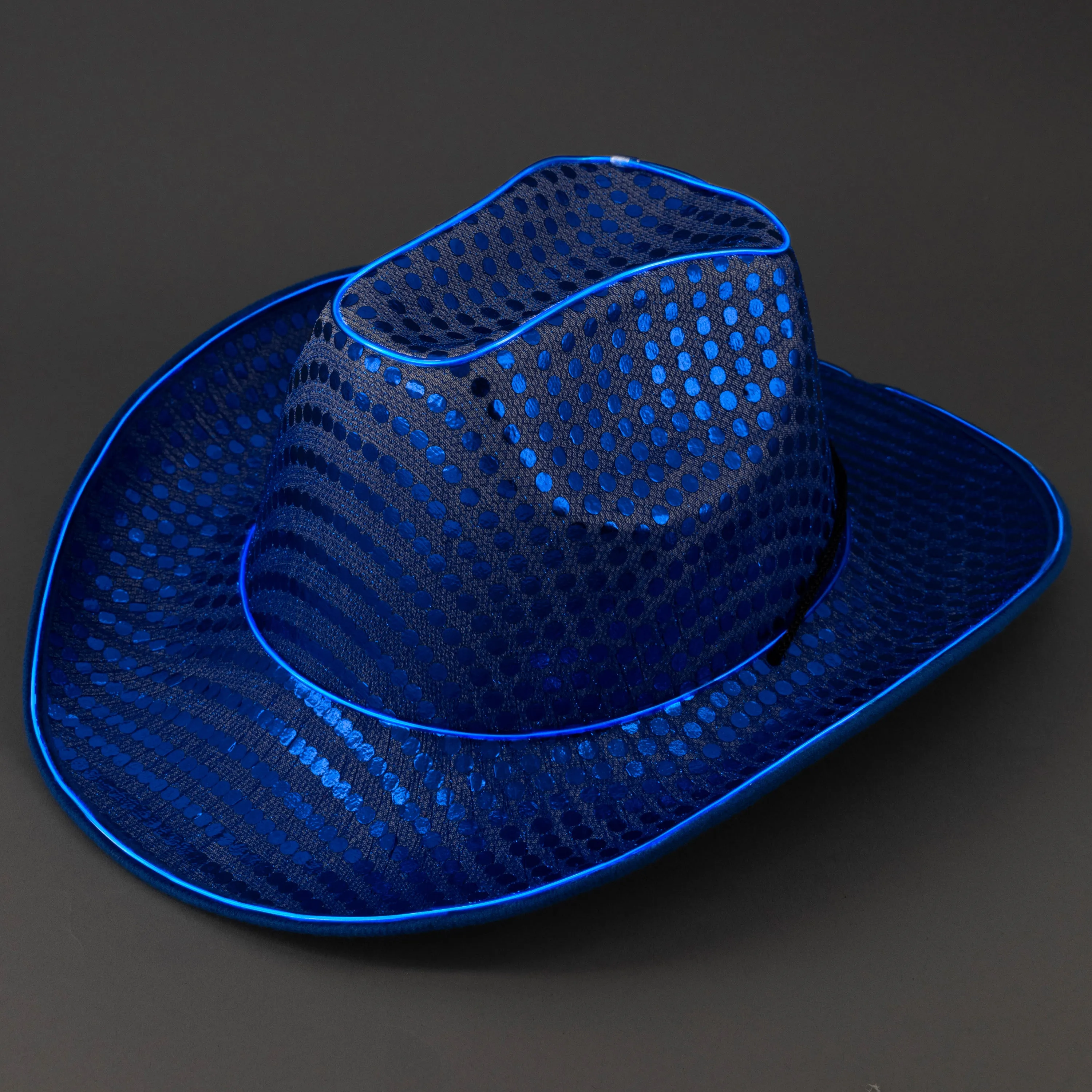 LED Flashing EL Wire Blue Sequin Cowboy Party Hat - Pack of 36 Hats